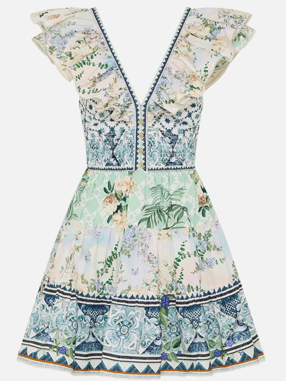 Camilla Blue and Green Floral Backless Tie-Detail Mini Dress
